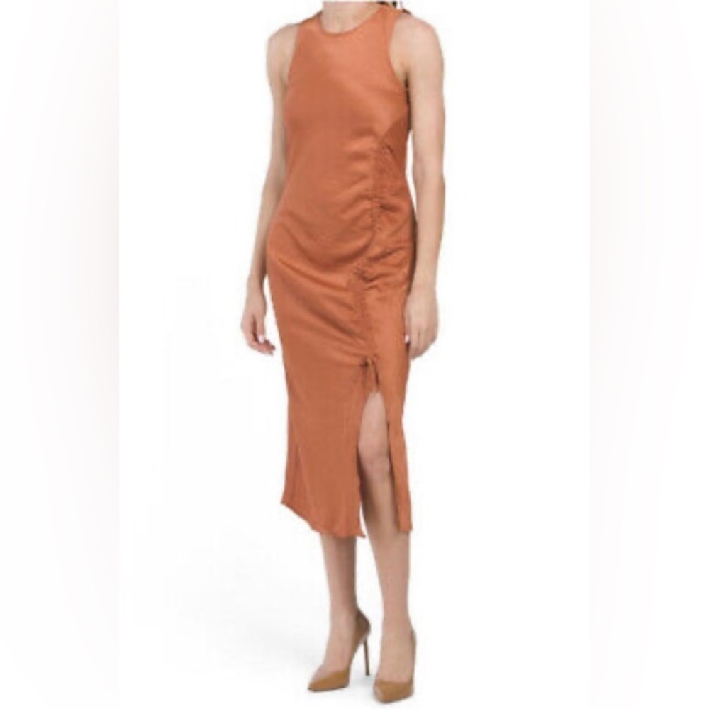House of Harlow Rust Copper Satin MIDI dress with  Ruching size Medium